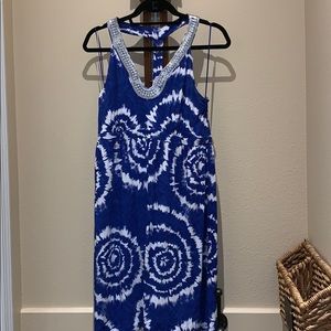 INC Sundress Blue and White w Silver Neckline